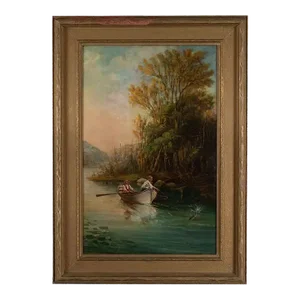 1920s River Boat Rustic Landscape Painting