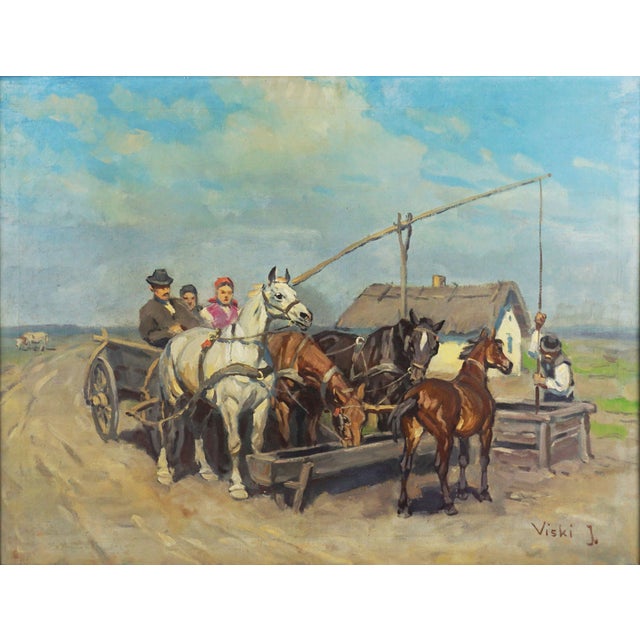 Gorgeous European figurative of a simpler time. Horses being watered in the plains by Janos Viski (Hungarian/American...