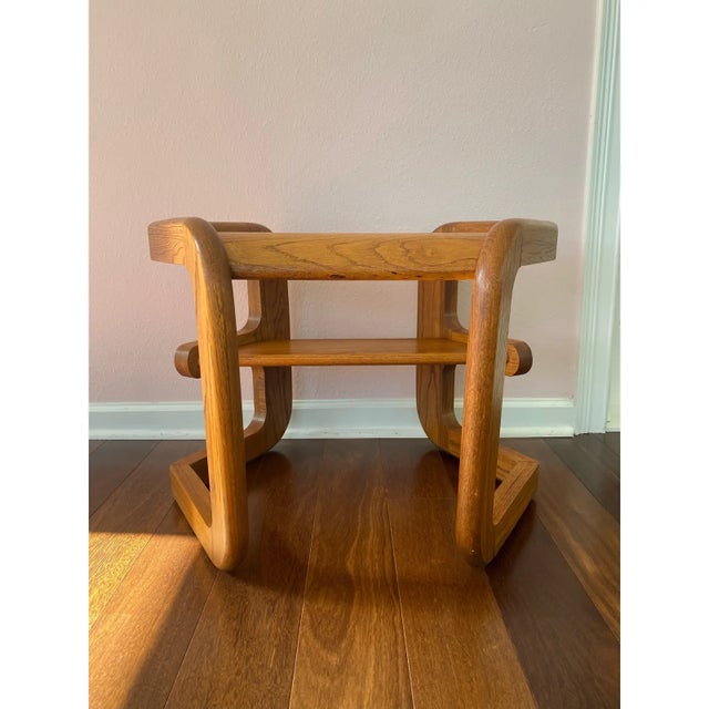 70s hexagonal oak side table. Smoke beveled glass top. Mersmam Waldron, attributed to Lou Hodgera