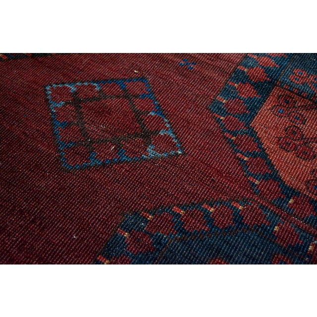 Antique Allover Tribal Geometric Coral Red Navy Blue Hand-Knotted Wool Low Pile Rug - 8’3” X 9’5” For Sale In Los Angeles - Image 6 of 12