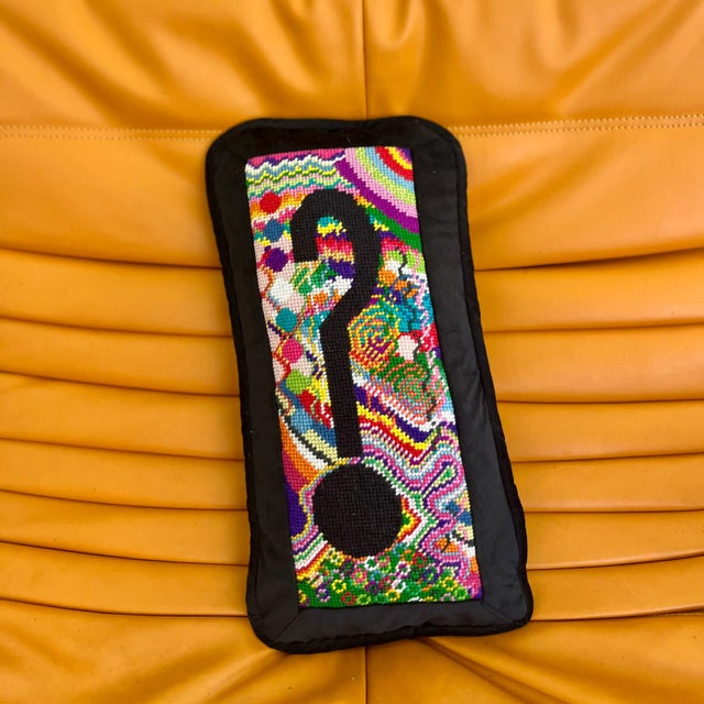 Contemporary Hand-Embroidered Needlepoint "Huh?" Custom Made Pillow, Original For Sale - Image 3 of 7