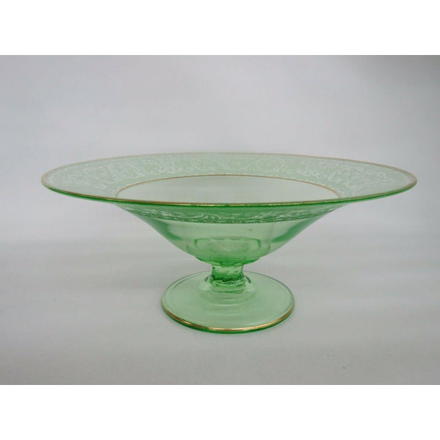 Cambridge Style Uranium Depression Green Glass Etched Bowl With Gold