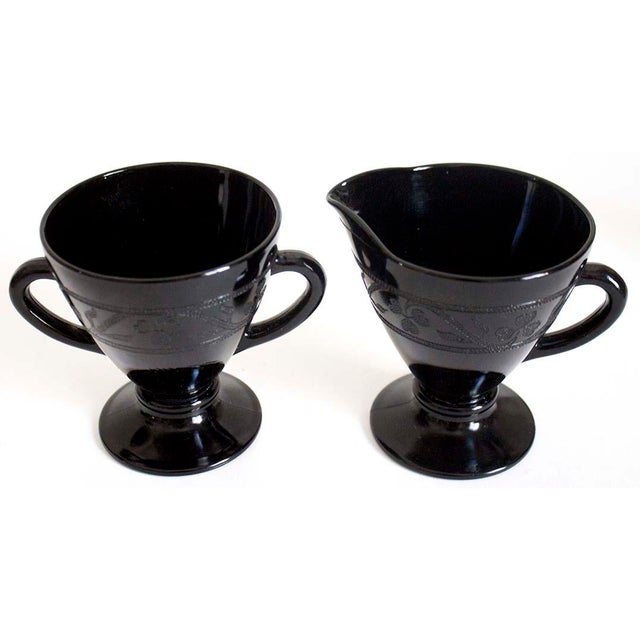 Black Depression Glass Creamer & Sugar Cloverleaf Pattern a Pair
