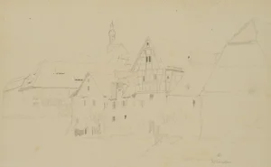 H. Christiansen, Half -Timbering and Dominican Church in Bad Wimpfen, 1922, Pencil