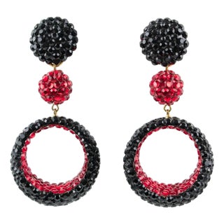 Richard Kerr Dangle Red and Black Crystal Jeweled Clip Earrings For Sale
