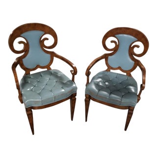 1930s Antique Burled Wood Framed Biedermeier Styled Accent Chairs - Pair For Sale