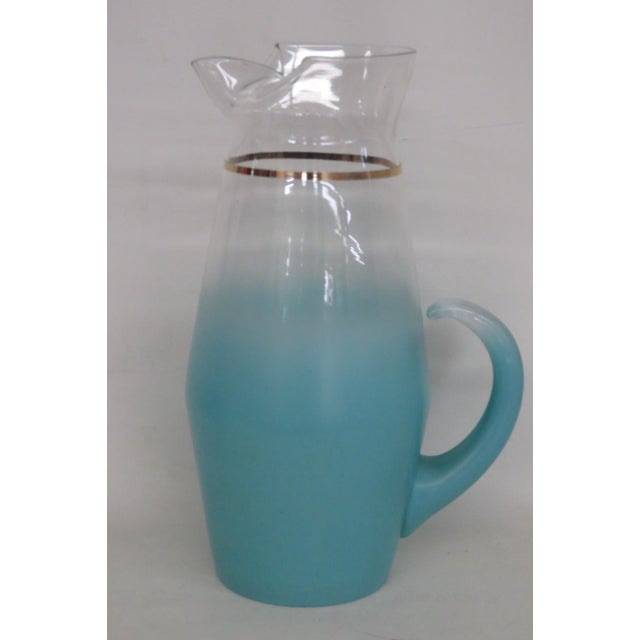 West Virginia Glass Company Turquoise Blendo Pitcher With Gold Accent 4911b For Sale - Image 16 of 17