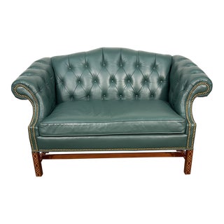 Late 20th Century Teal Leather Chesterfield Loveseat by Key City Furniture Co For Sale