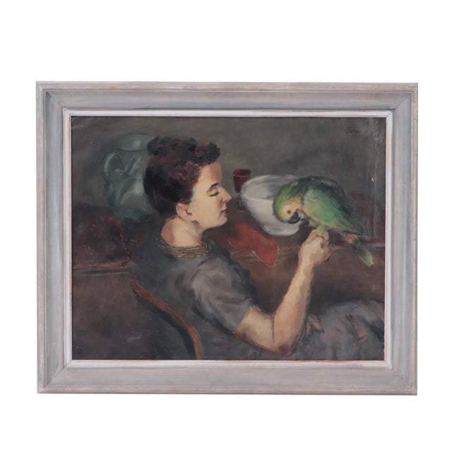 Gray Albert Serwazi (American 1905-1992) "Gertrude With Parrot". Oil on Canvas C 1940s For Sale - Image 8 of 8