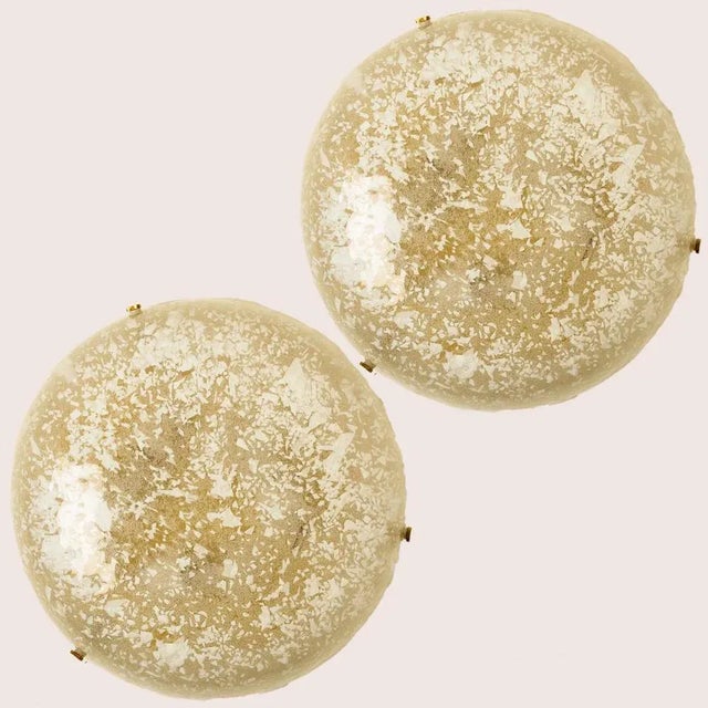 Modern thick textured brass glass flush mount , Germany circa 1970. The flush mount is featuring a huge round handmade...