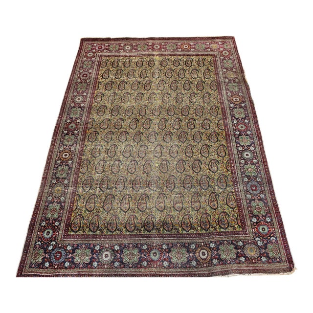 Vintage Persian Tabriz Area Rug, Hand-Knotted Wool, Paisley Design, 1900s For Sale