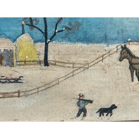 Blue Folk Art Winter Farm Scene by Constantine, 1971 – Snowy Americana Landscape For Sale - Image 8 of 9