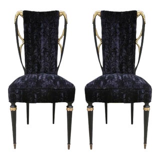 1940s Italian Late Art Deco Pair Gilded Black Lacquered Chairs in Black Velvet For Sale