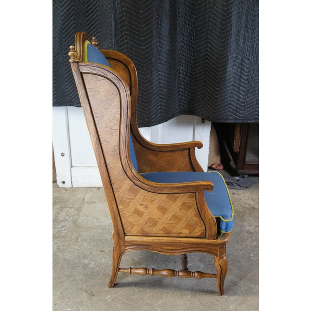 Wood Vintage Thomasville Louis XV Style Parquetry Oak Carved Library Wingback Chair For Sale - Image 7 of 13