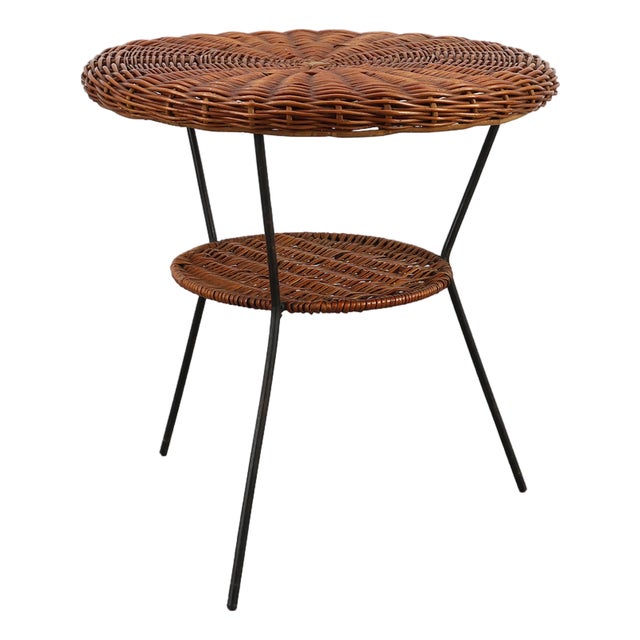 Mid-Century Woven Rattan, Wicker and Iron Two-Tier Round Coffee Table, Italy, 1960s For Sale
