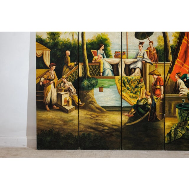 Hand-Painted Four-Panel Chinese Export Screen with Tropical Court Scene For Sale - Image 10 of 12