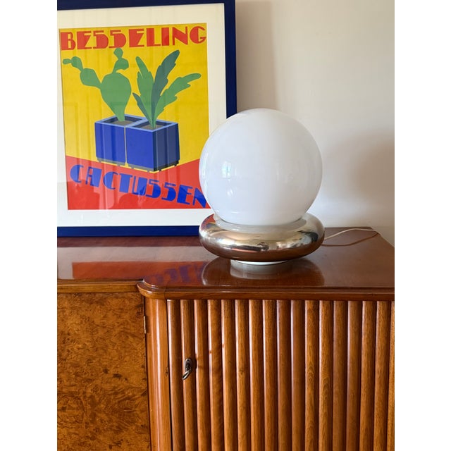 Space age table / floor lamp Italian manufacture 1970s Chromed aluminum base.Opaline glass sphere. Opaline Glass, Chromed...