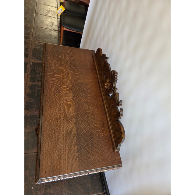 Antique 1880 Carved Lion Desk Solid Quater Sawn Oak Renaissance Revival Spanish Revival For Sale - Image 9 of 14