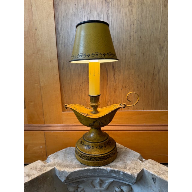 Vintage Single Light Mustard & Black Tole Ware Electric Aladdin Lamp. In line cord on/off switch. Aged patina adding to...