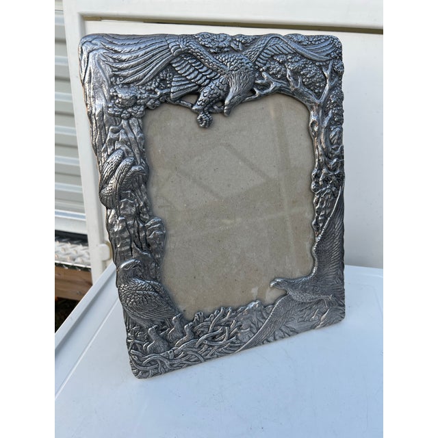 American Vintage Pewter Picture Frame With Wild American Eagle Birds For Sale - Image 3 of 7