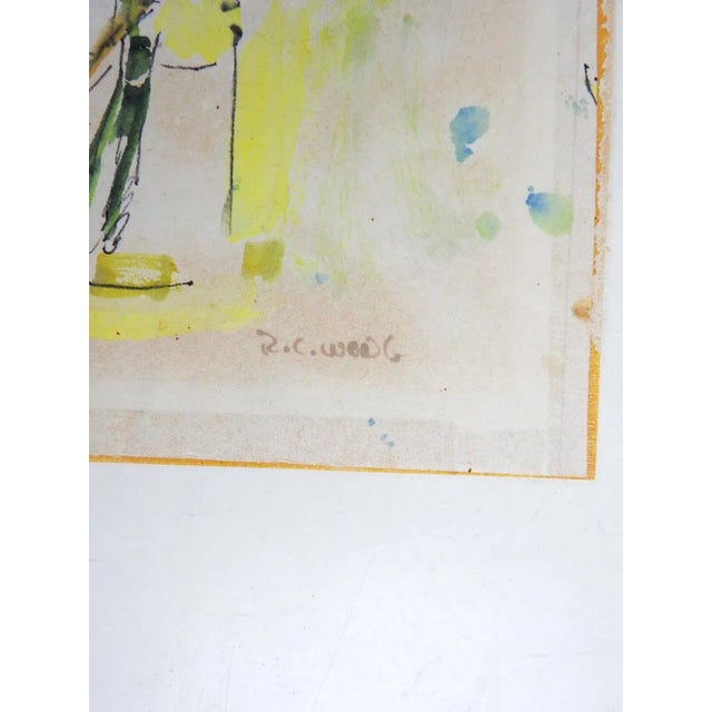 Vintage mid 20th century watercolor and ink on paper modernist painting of daffodil still life. Signed R. C. Wong lower...