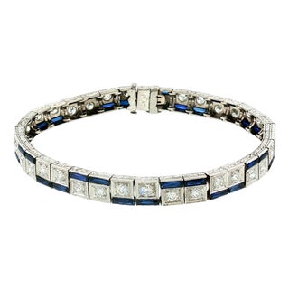 Early 20th Century Art Deco Platinum Synthetic Calibre Cut Sapphire and Diamond Bracelet For Sale