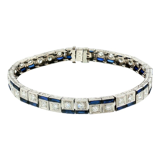 Early 20th Century Art Deco Platinum Synthetic Calibre Cut Sapphire and Diamond Bracelet For Sale
