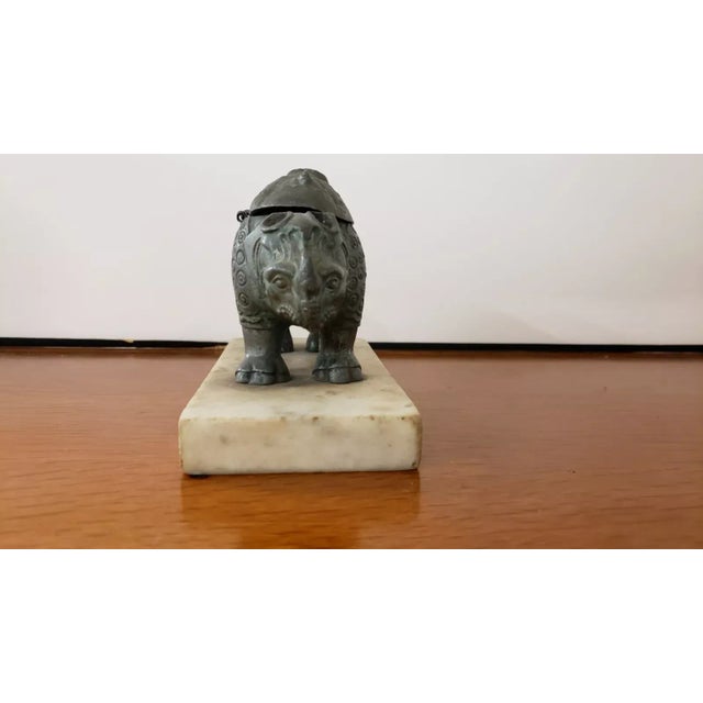 Late 19th Century French Chinoiserie Style Rhinoceros Spelter Double Inkwell on Marble Base For Sale - Image 4 of 7
