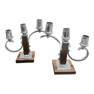 A Pair of 1940s Art Deco Fruit Wood and Chromed Metal French Candelabras For Sale