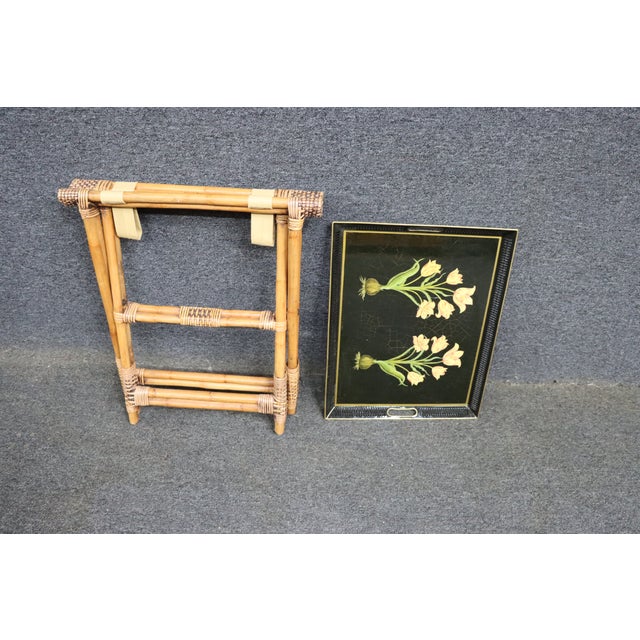 Scully & Scully tole tray top table on folding bamboo base.