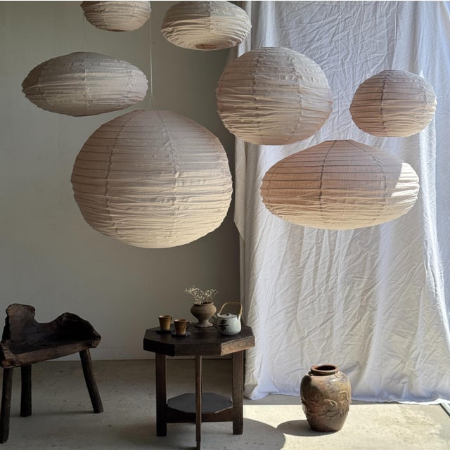 Large Round Pink Japanese-Style Rattan and Natural Linen Pendant Light For Sale - Image 10 of 18
