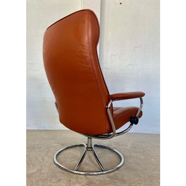 Vintage Cognac Leather Ekornes Stressless Reclining Lounge Chair & Stool 1960,s For Sale - Image 14 of 18