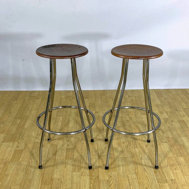 Industrial Stools in Tubular Steel and Plywood Seat, 1960s, Set of 2 For Sale - Image 11 of 18