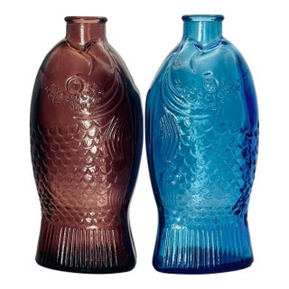 Vintage Pressed Glass Fish Bottles- A Pair For Sale