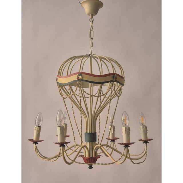 Mid-Century French Gilt Iron and Painted Tôle Hot Air Balloon Chandelier For Sale - Image 9 of 15