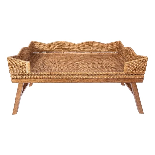 Artifacts Rattan Scallop Design Breakfast Tray with Wooden Legs, Honey Brown For Sale