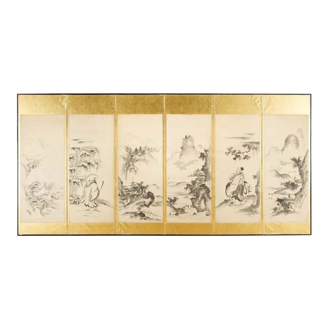 Japanese Edo Six-Panel Haboku Landscapes of Seasons For Sale