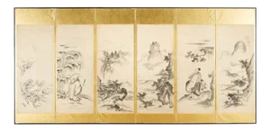 Japanese Edo Six-Panel Haboku Landscapes of Seasons