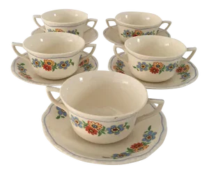 Cottage Style Floral Bouillon Cups & Saucers - Set of 5