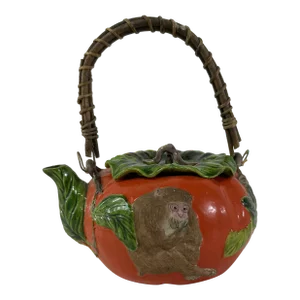 Tomato Teapot With Monkey Decoration