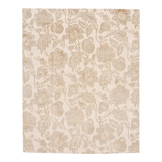 Beige Contemporary Nepalese Lapchi Wool and Silk Rug With Floral Pattern For Sale
