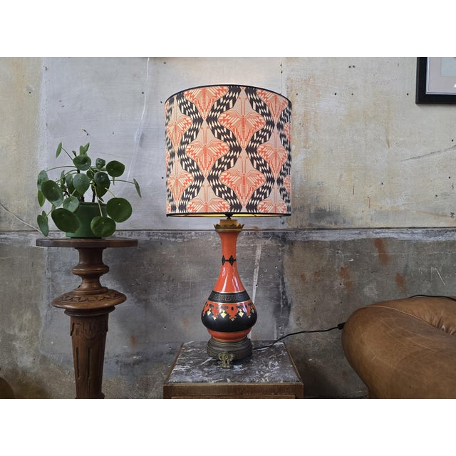 Large Antique Porcelain Lamp in Orange with Art Deco Shade For Sale - Image 14 of 14