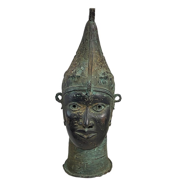 Large African Benin Bronze Head of a Queen Nigeria 20" H For Sale - Image 9 of 13