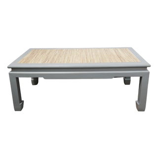 Vintage Ming-Style Grey Painted Coffee Table With Raffia Tabletop For Sale