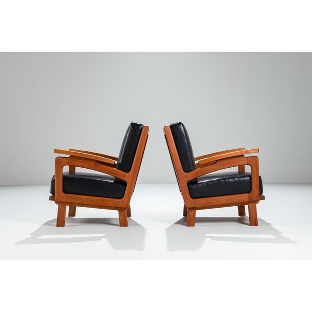 Black Belgian Lounge Chairs in Oak with Leather Cushions, 1960s, Set of 2 For Sale - Image 8 of 17