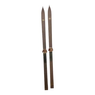 Circa 1940s Dartmouth Wood Pointed Tip Skis W/Decals, Pair For Sale