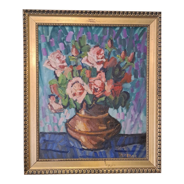 Mid 20th Century Still Life Painting of Roses in a Vase, Mid-Century French Oil on Canvas by Henri Reboa, Framed For Sale