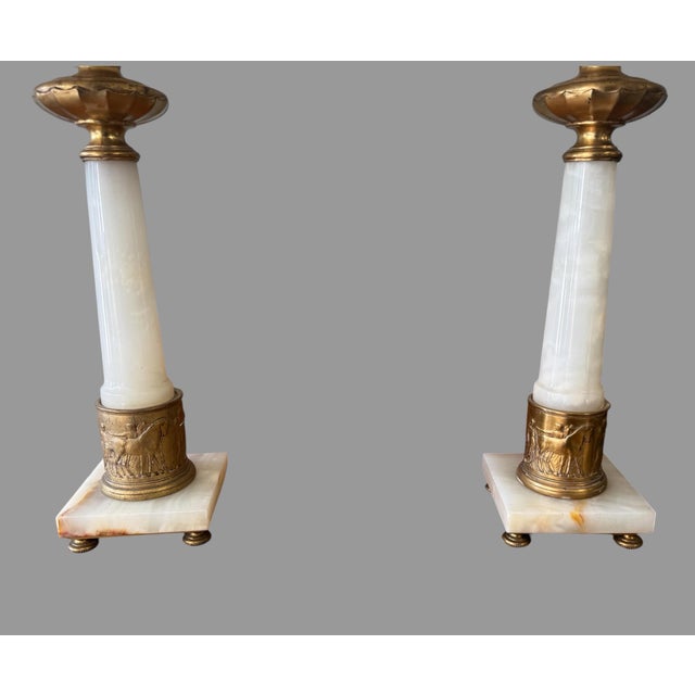 Stone Vintage Alabaster & Bronze Table Lamps Neoclassical Marble Column Matching - a Pair For Sale - Image 7 of 9