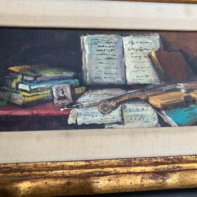 1950s 1950’s Original Still Life Painting With Books & Violin Signed Original Fancy Frame For Sale - Image 5 of 6