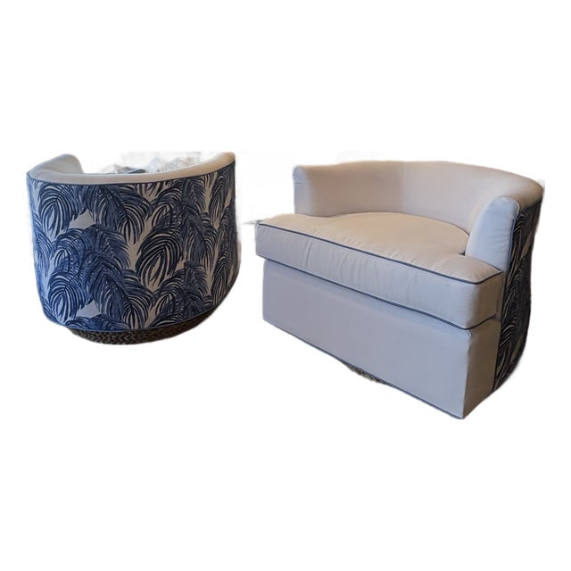 Vintage Pair Swivel Chairs Seagrass Base Blue & White Palm Beach New Upholstery For Sale